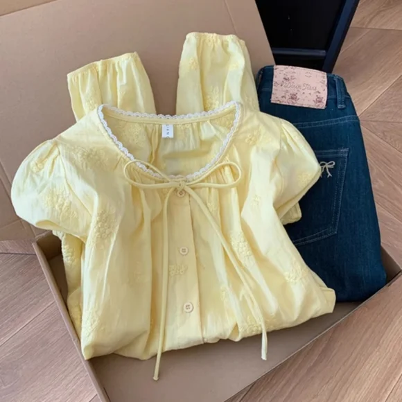 Yellow Embroidered Ruffle Blouse - Picture 2 of 5